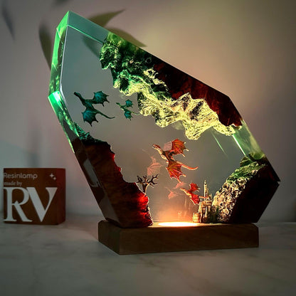 Handmade Fire and Ice Dragon Lamp: 3D Resin Wood Home Decor, Lighting Home Decor, Valentines Day gift, Christmas gift, Fantasy Decor