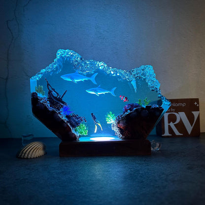 Custom Great White Shark and scuba resin lamp, SCUBA DIVER Epoxy Lamp, ocean night light, gift for him, Christmas gift, home decoration