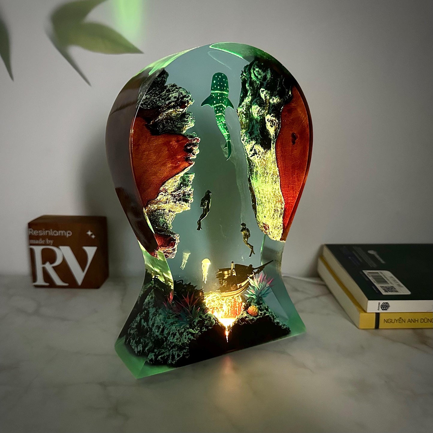 Whale Shark Epoxy Lamp: Handmade Headphone Stand, Rustic Gamer Night Light