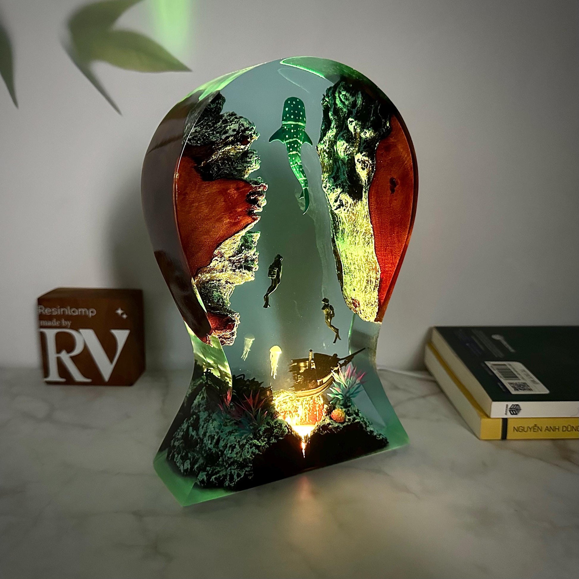 Whale Shark Epoxy Lamp: Handmade Headphone Stand, Rustic Gamer Night Light