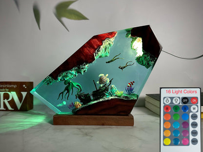 Handmade Resin Ocean Lamp, Octopus & Divers Diorama Night Light, custom night light, wood resin decor, gift for him, Christmas gift