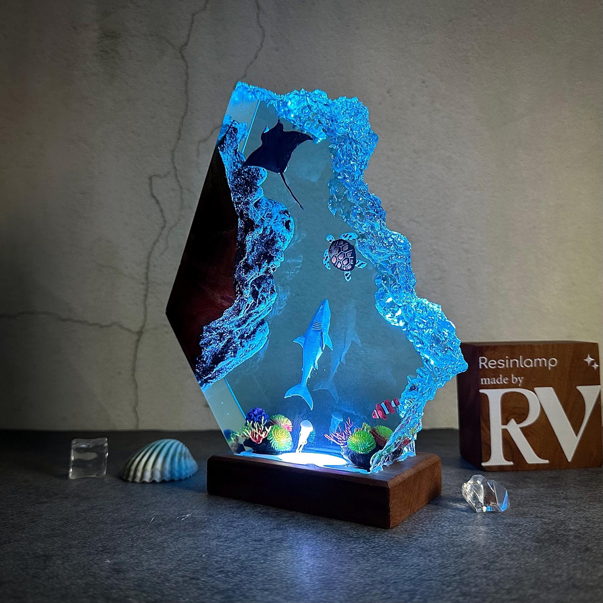 Epoxy Resin Ocean Lamp, Shark, Turtle, and Coral Reef Night Light,  Resin Wood Art Lamp, wood resin decor, gift for him, Christmas gift