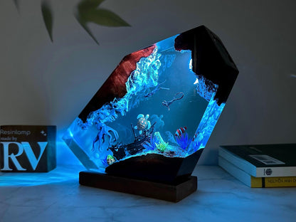 Handmade Resin Ocean Lamp, Octopus & Divers Diorama Night Light, custom night light, wood resin decor, gift for him, Christmas gift