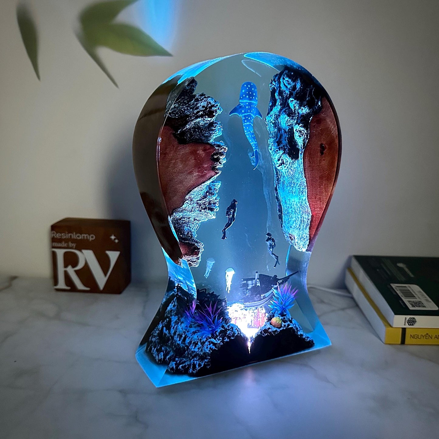 Whale Shark Epoxy Lamp: Handmade Headphone Stand, Rustic Gamer Night Light