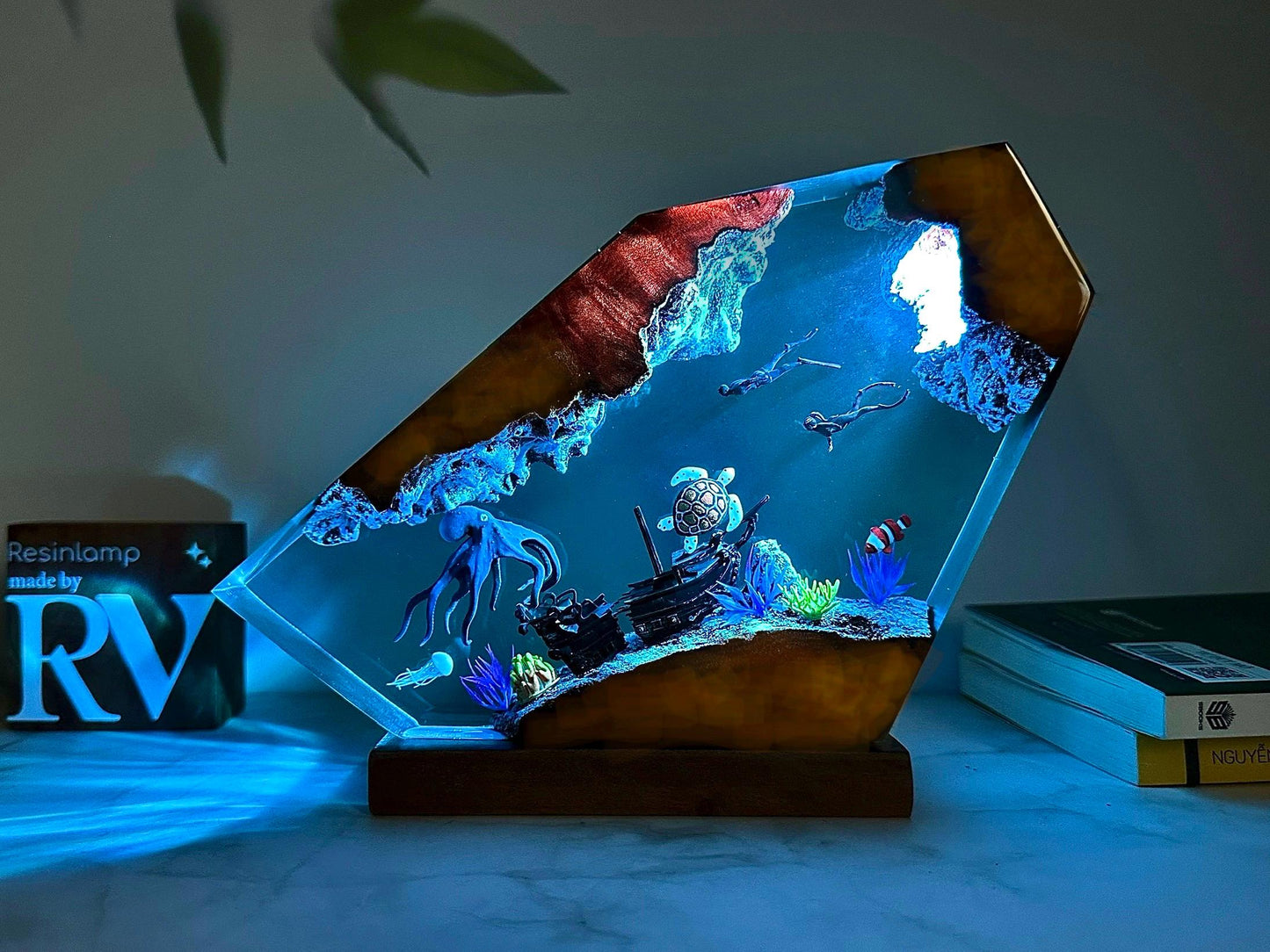 Handmade Resin Ocean Lamp, Octopus & Divers Diorama Night Light, custom night light, wood resin decor, gift for him, Christmas gift