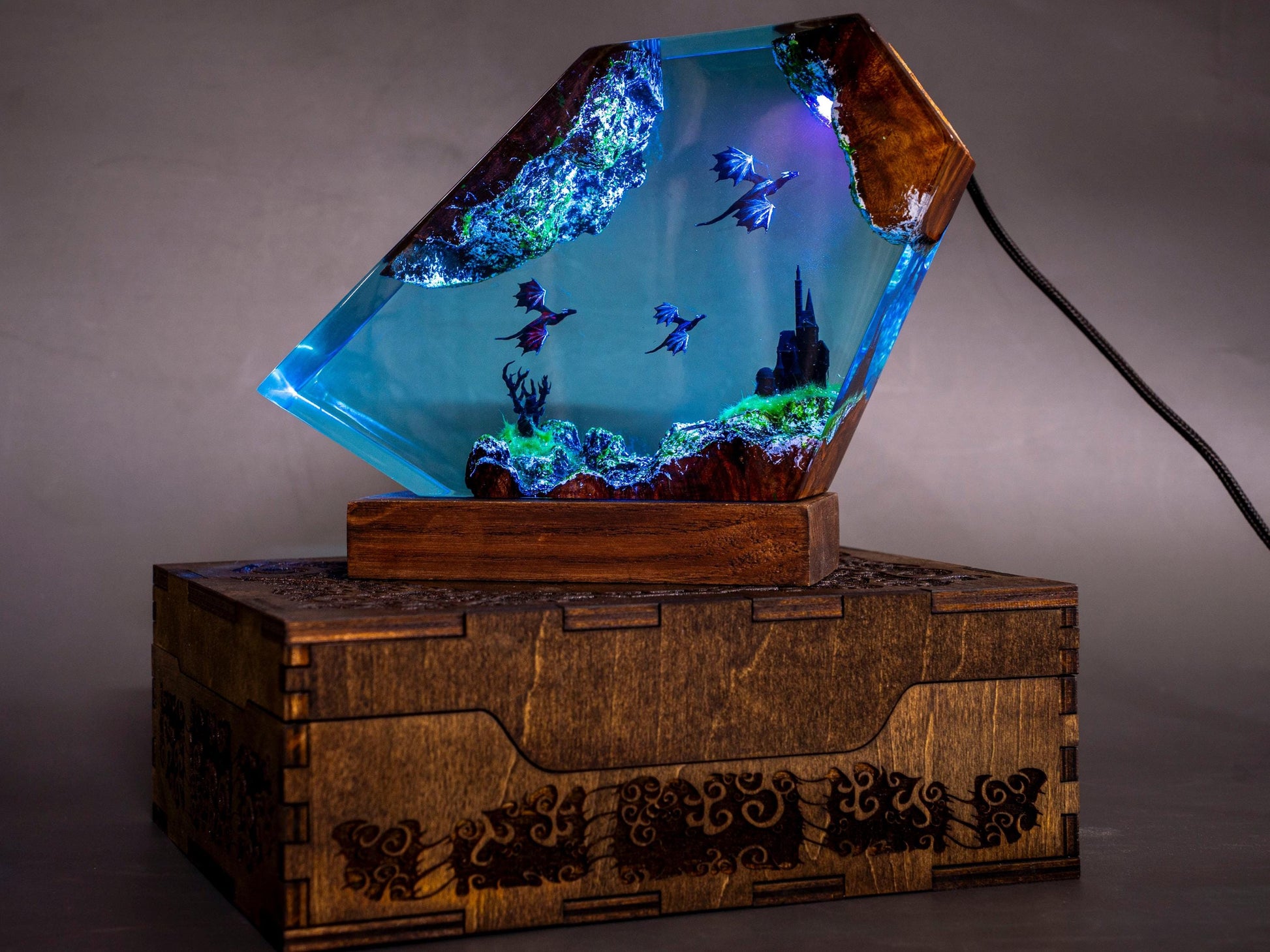 Fire and Ice Dragons Resin Lamp – Handcrafted Night Light, Fantasy Duo Dragon Gift, Custom Room Decor