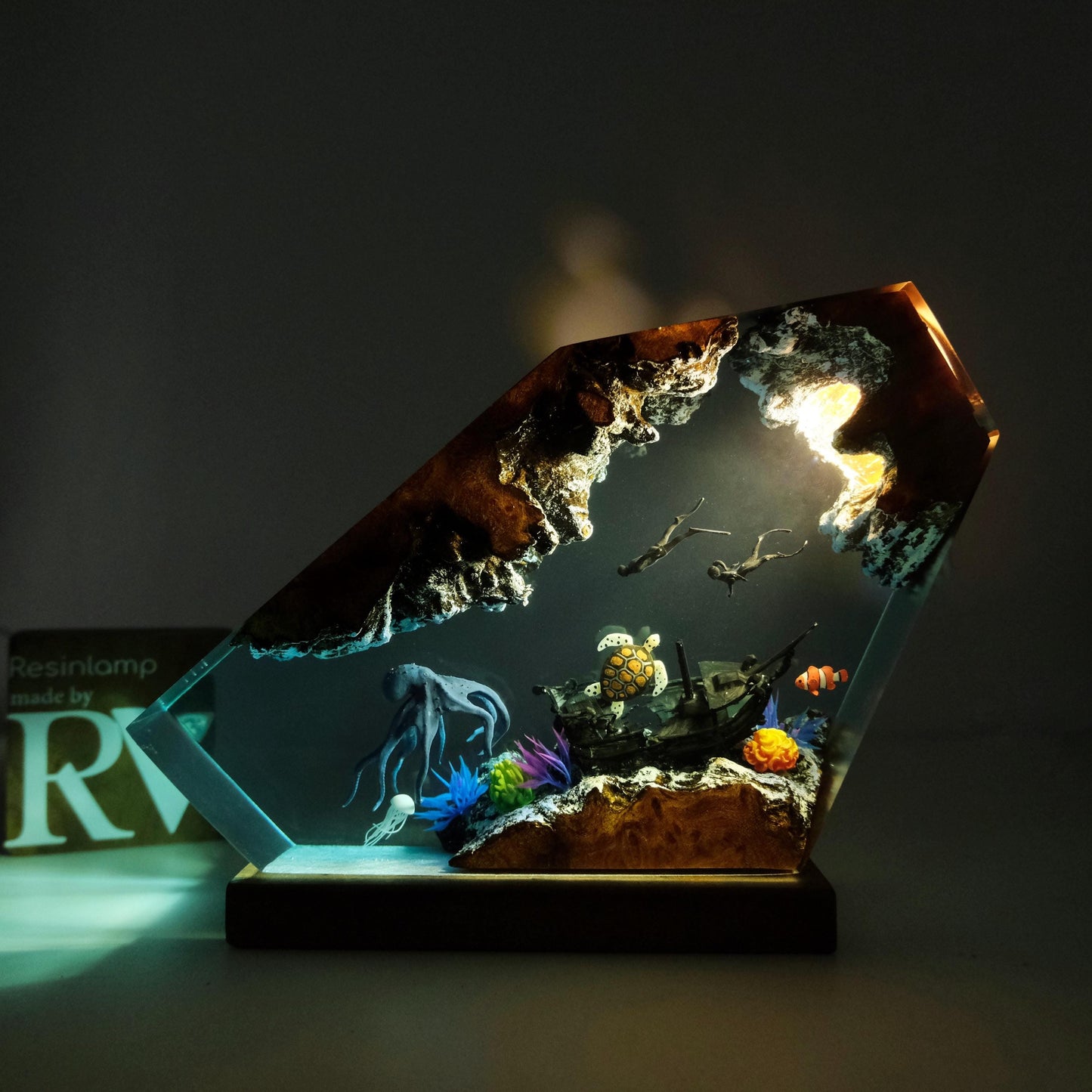 Handmade Resin Ocean Lamp, Octopus & Divers Diorama Night Light, custom night light, wood resin decor, gift for him, Christmas gift