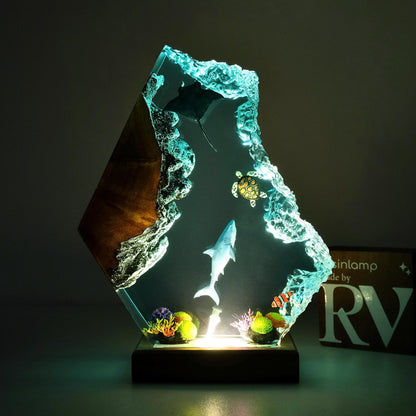 Epoxy Resin Ocean Lamp, Shark, Turtle, and Coral Reef Night Light,  Resin Wood Art Lamp, wood resin decor, gift for him, Christmas gift