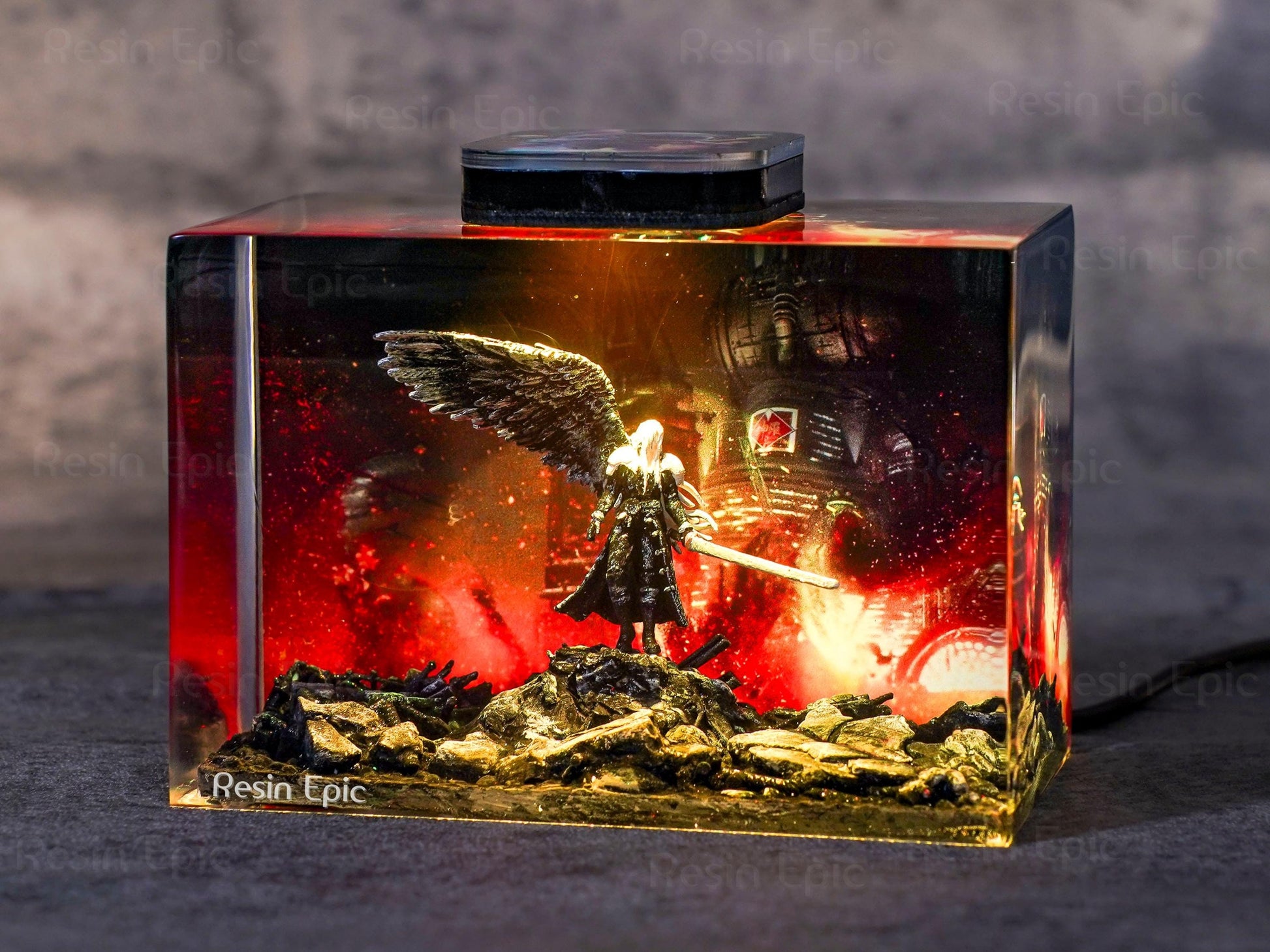 Custom Sephiroth and Cloud Resin Night Light, Epoxy Wood Night Lamp,  FF7 Collector Gift