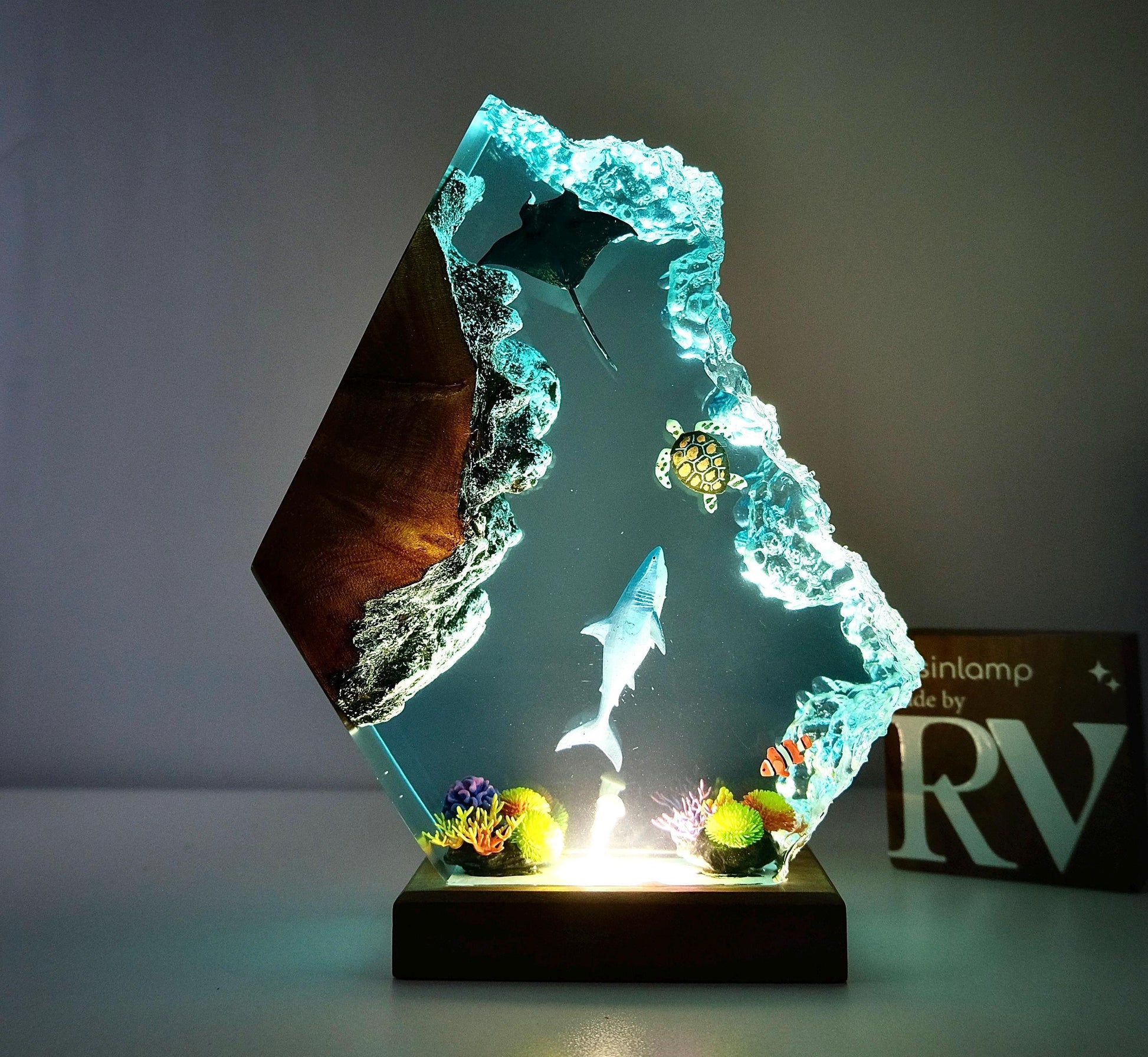 Epoxy Resin Ocean Lamp, Shark, Turtle, and Coral Reef Night Light,  Resin Wood Art Lamp, wood resin decor, gift for him, Christmas gift