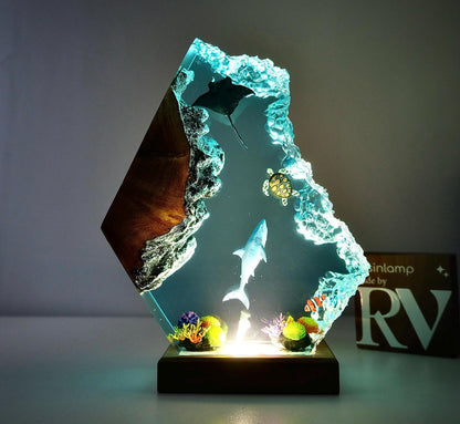 Epoxy Resin Ocean Lamp, Shark, Turtle, and Coral Reef Night Light,  Resin Wood Art Lamp, wood resin decor, gift for him, Christmas gift