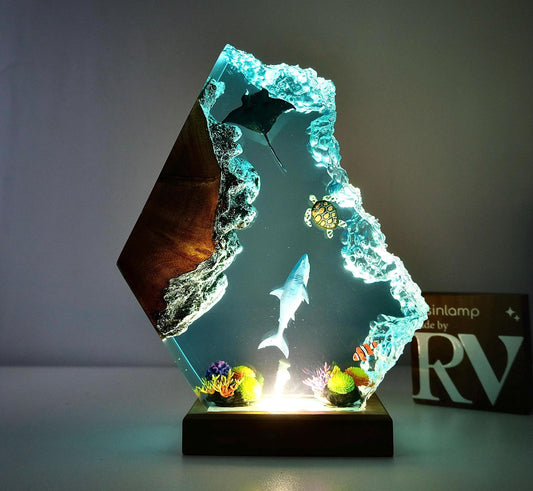 Epoxy Resin Ocean Lamp, Shark, Turtle, and Coral Reef Night Light,  Resin Wood Art Lamp, wood resin decor, gift for him, Christmas gift