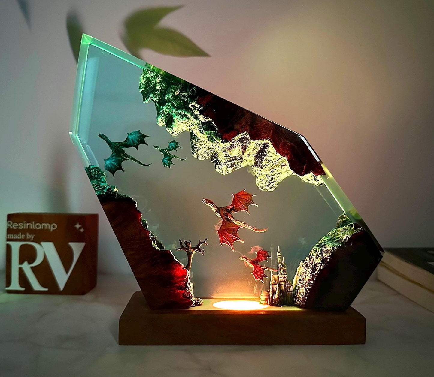 Handmade Fire and Ice Dragon Lamp: 3D Resin Wood Home Decor, Lighting Home Decor, Valentines Day gift, Christmas gift, Fantasy Decor