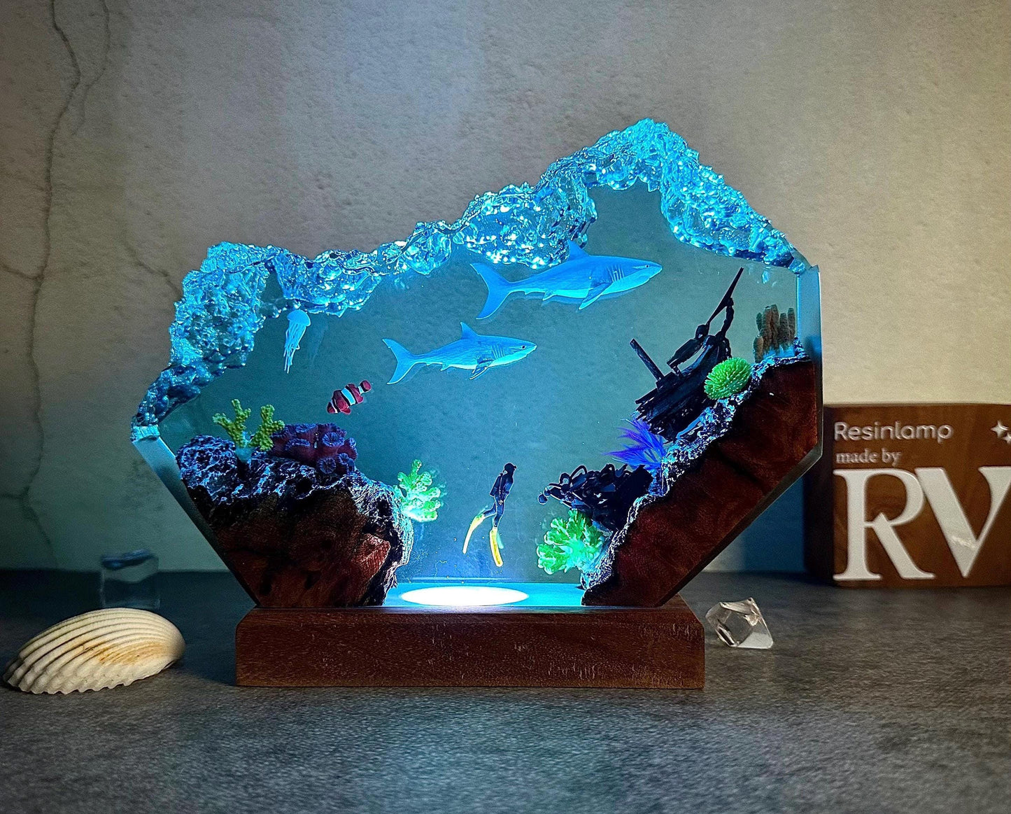 Custom Great White Shark and scuba resin lamp, SCUBA DIVER Epoxy Lamp, ocean night light, gift for him, Christmas gift, home decoration