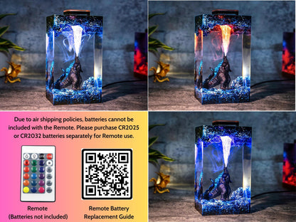 Handmade Beast Diorama Lamp – Epoxy Resin Night Light,  godzilla resin lamp, godzilla gift wooden box