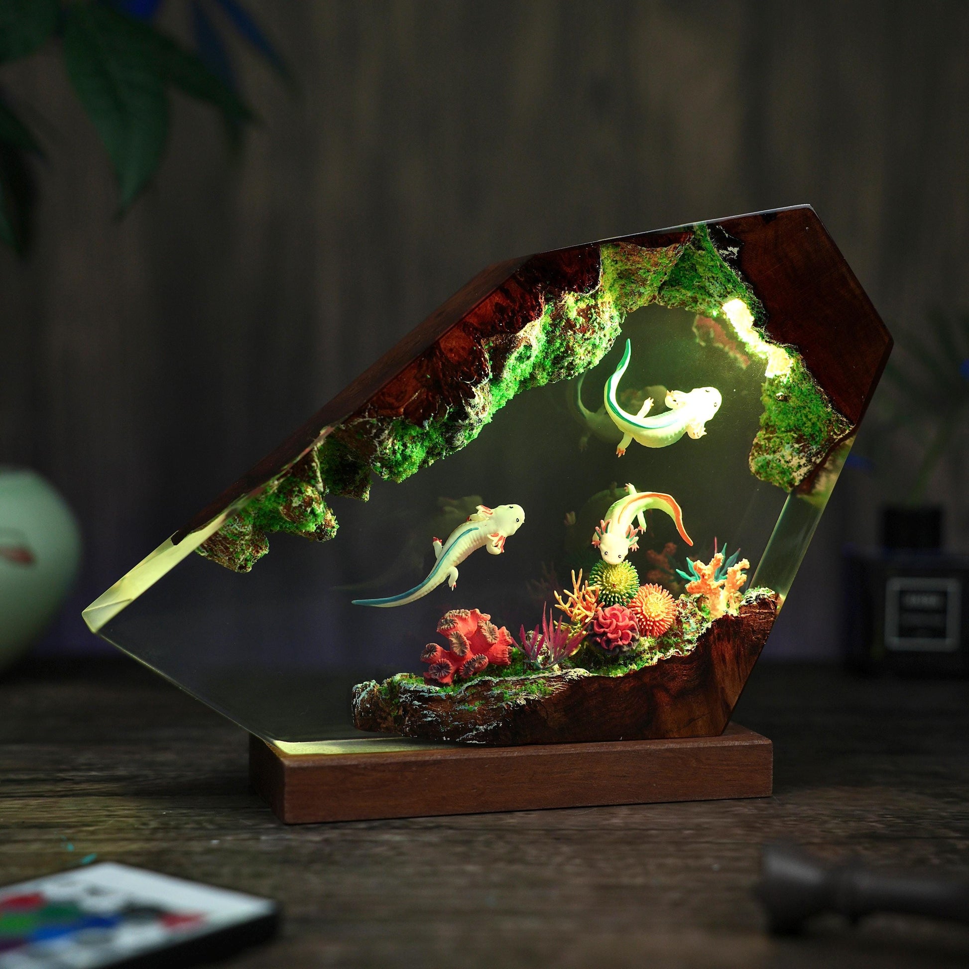 Axolotl Diorama Resin Lamp, Mexican Salamander Night Light, resin art lamp, Unique Christmas, desk lamp, gift for him, home decor