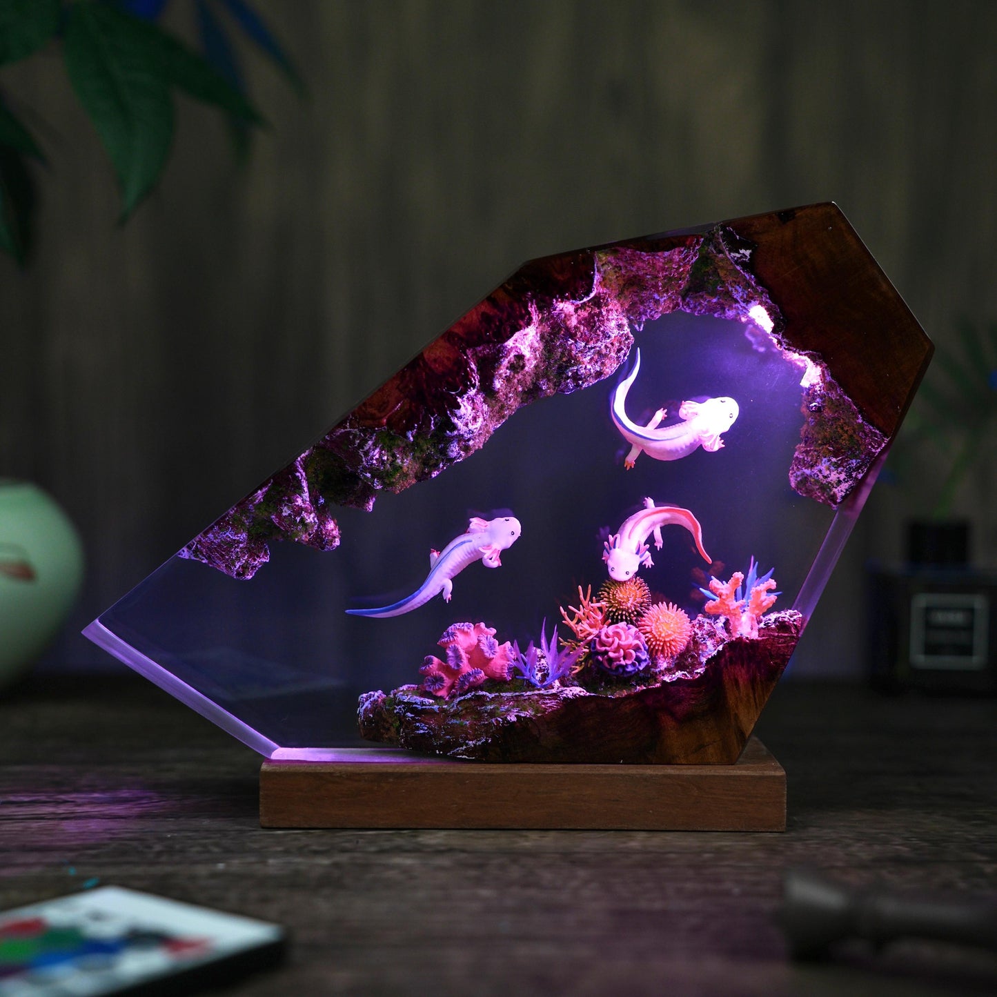 Axolotl Diorama Resin Lamp, Mexican Salamander Night Light, resin art lamp, Unique Christmas, desk lamp, gift for him, home decor