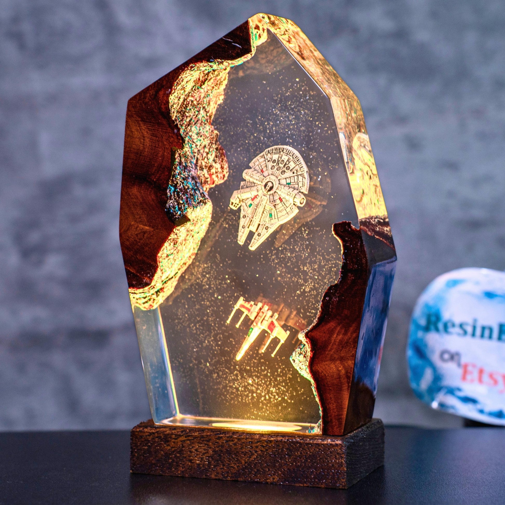 Millennium Falcon resin night light - Handmade Space Resin Lamp, Futuristic Starship Décor, Halloween gift, star war gift for him