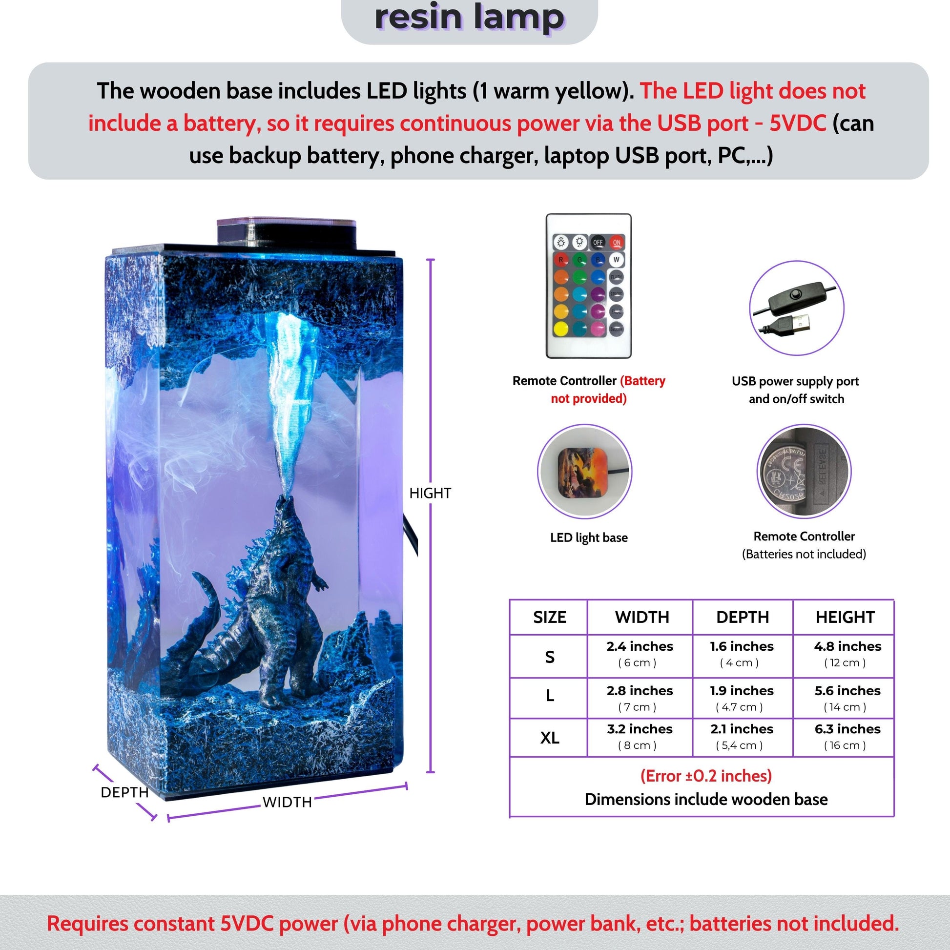 Handmade Beast Diorama Lamp – Epoxy Resin Night Light,  godzilla resin lamp, godzilla gift wooden box