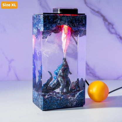 Handmade Beast Diorama Lamp – Epoxy Resin Night Light,  godzilla resin lamp, godzilla gift wooden box