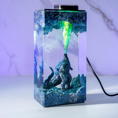 Handmade Beast Diorama Lamp – Epoxy Resin Night Light,  godzilla resin lamp, godzilla gift wooden box