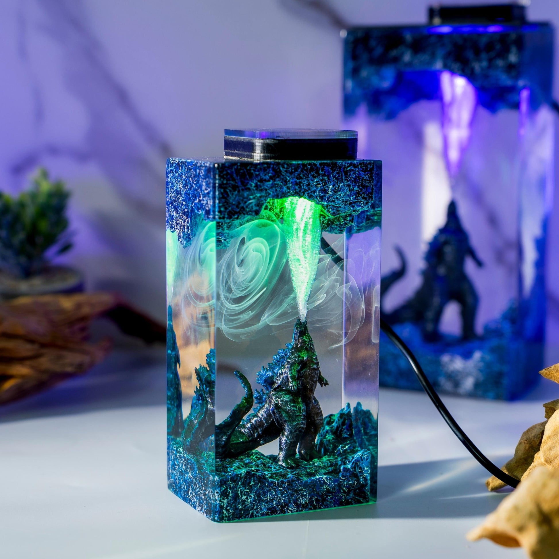Handmade Beast Diorama Lamp – Epoxy Resin Night Light,  godzilla resin lamp, godzilla gift wooden box