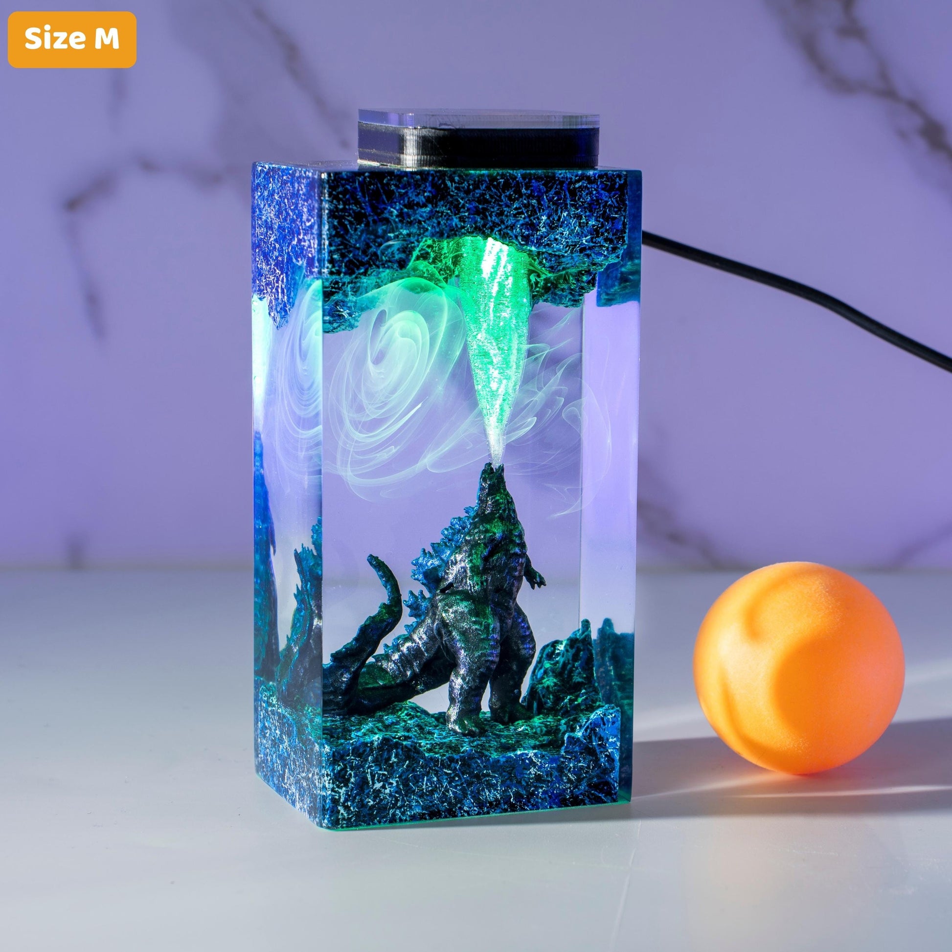 Handmade Beast Diorama Lamp – Epoxy Resin Night Light,  godzilla resin lamp, godzilla gift wooden box