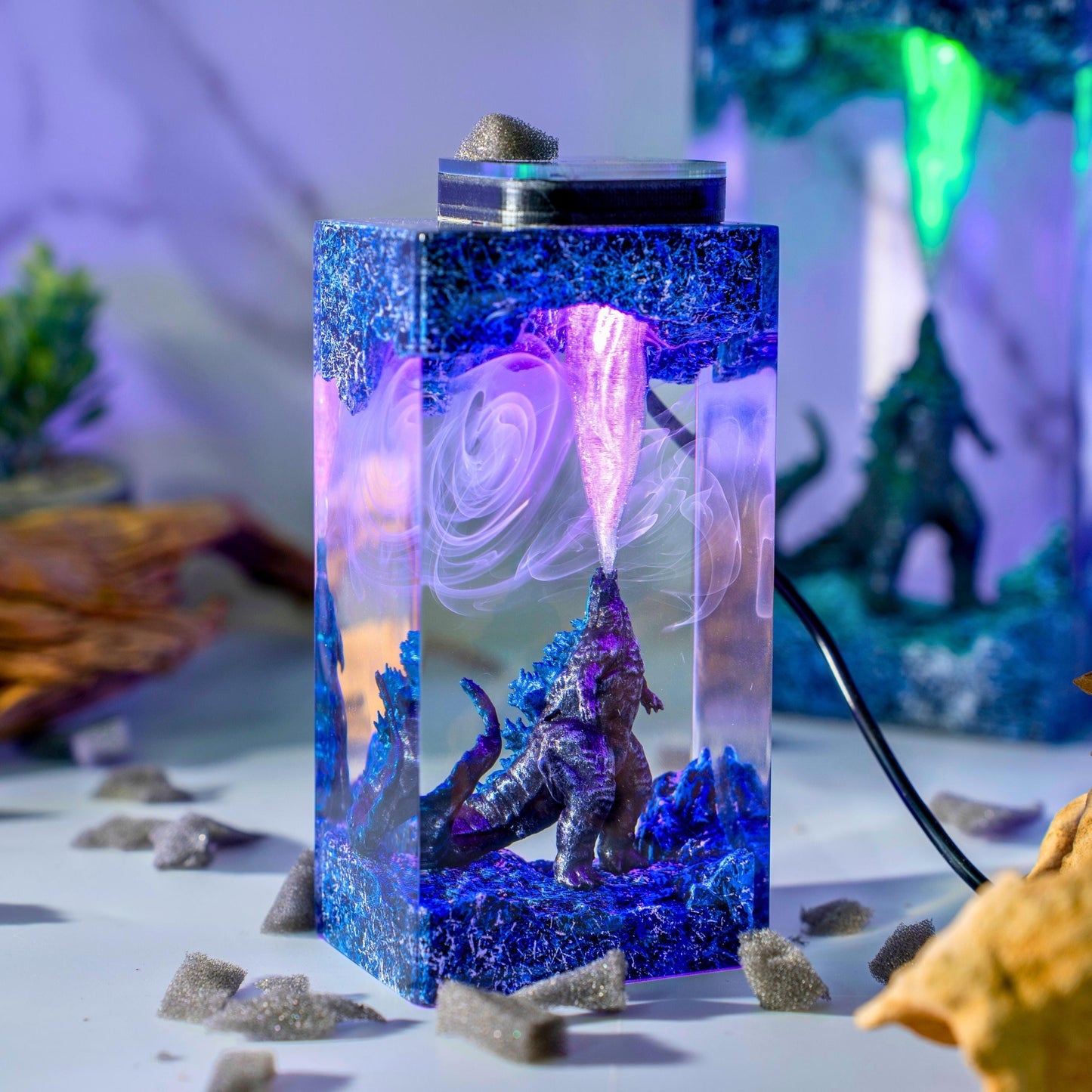 Handmade Beast Diorama Lamp – Epoxy Resin Night Light,  godzilla resin lamp, godzilla gift wooden box