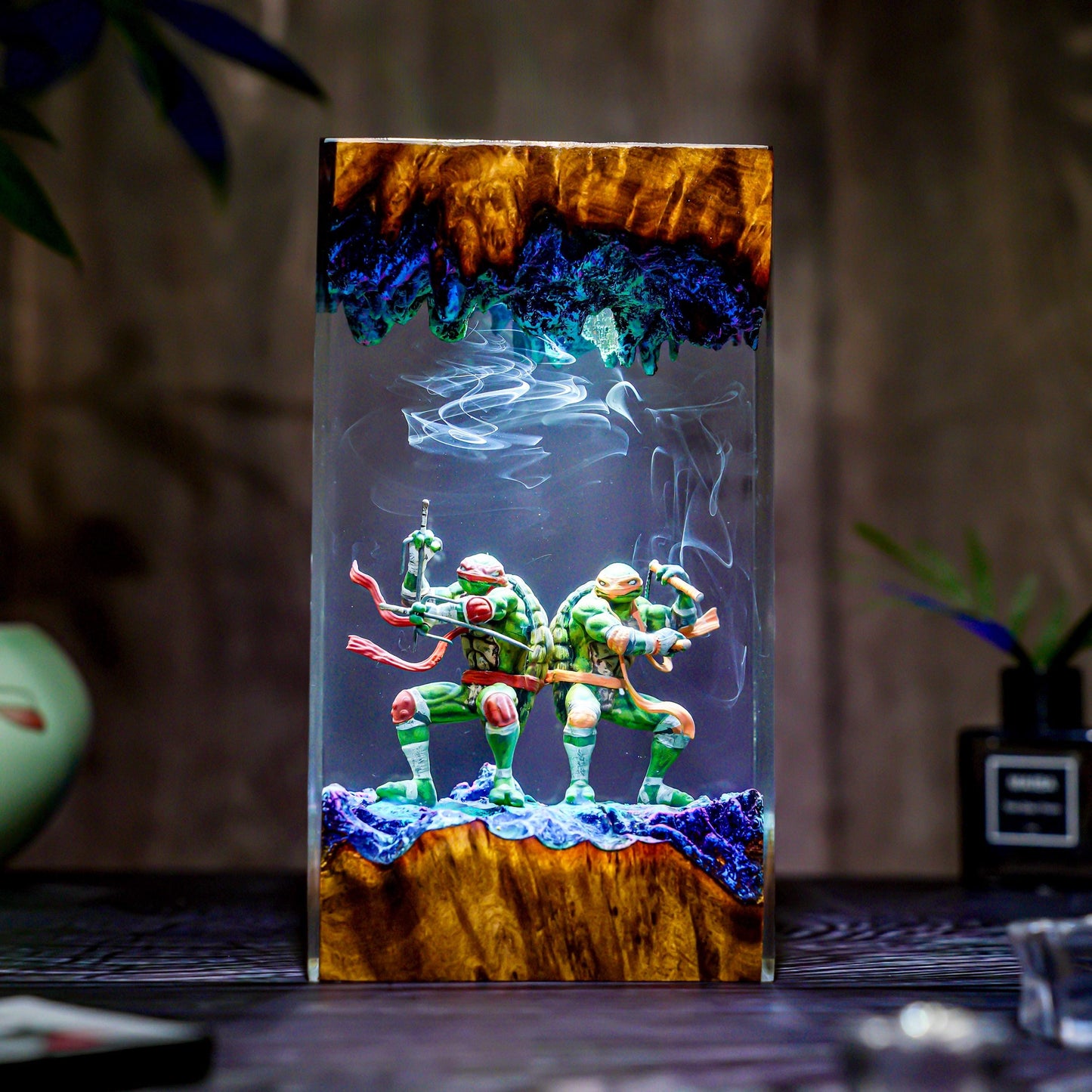 Warrior Turtle Lamp Diorama, Handmade Resin & Wood Night Light, Samurai Turtle Decor, Hero Sewer Lamp Gift, Christmas, gift for him
