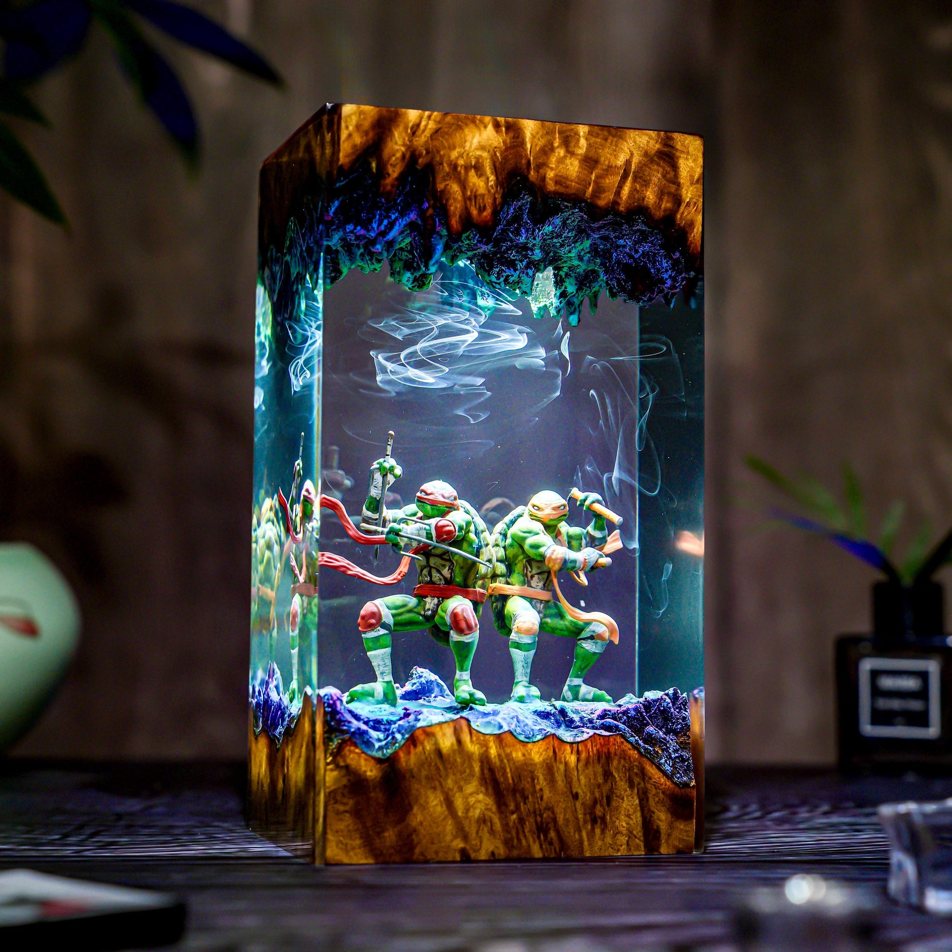Warrior Turtle Lamp Diorama, Handmade Resin & Wood Night Light, Samurai Turtle Decor, Hero Sewer Lamp Gift, Christmas, gift for him
