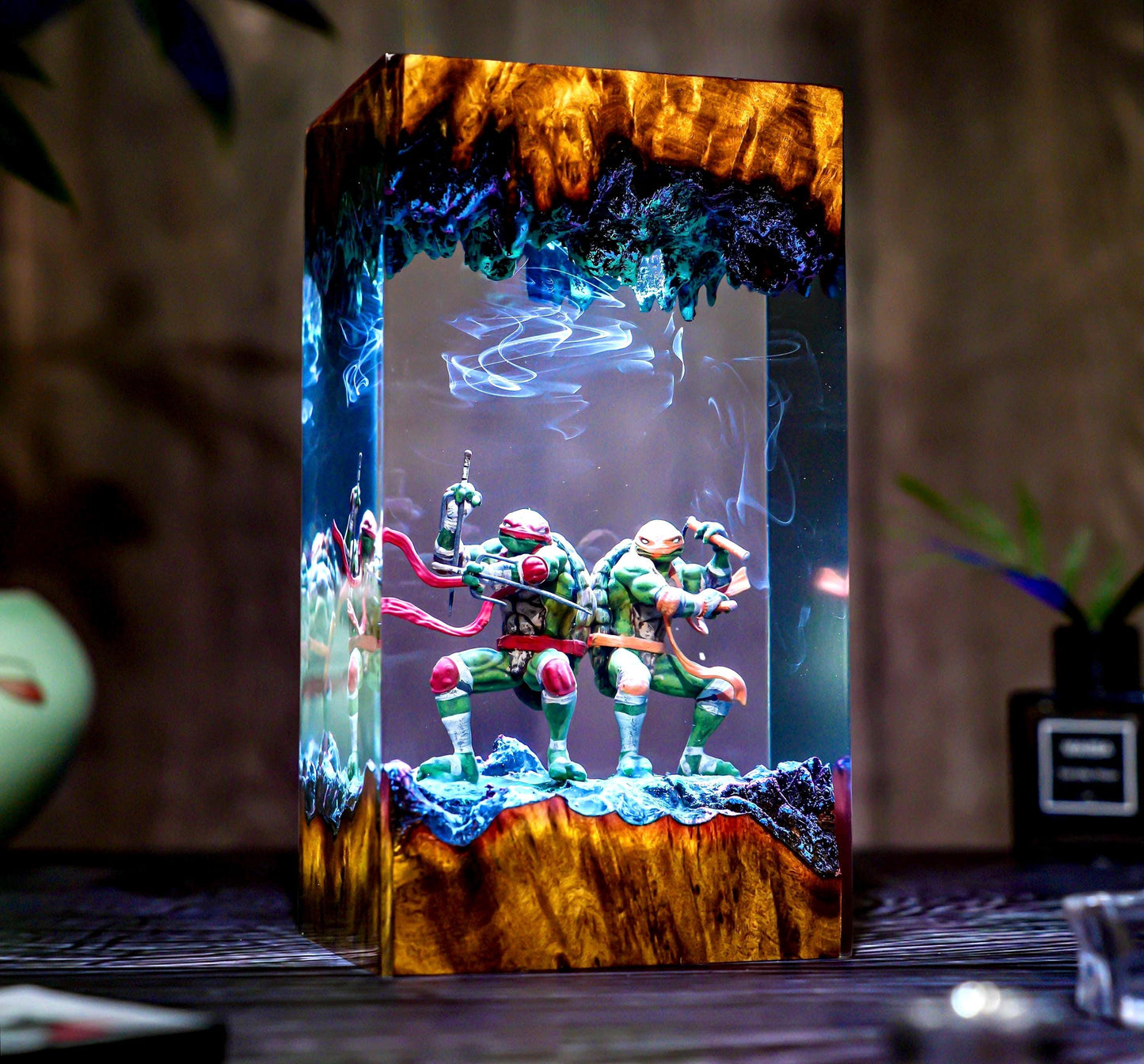 Warrior Turtle Lamp Diorama, Handmade Resin & Wood Night Light, Samurai Turtle Decor, Hero Sewer Lamp Gift, Christmas, gift for him