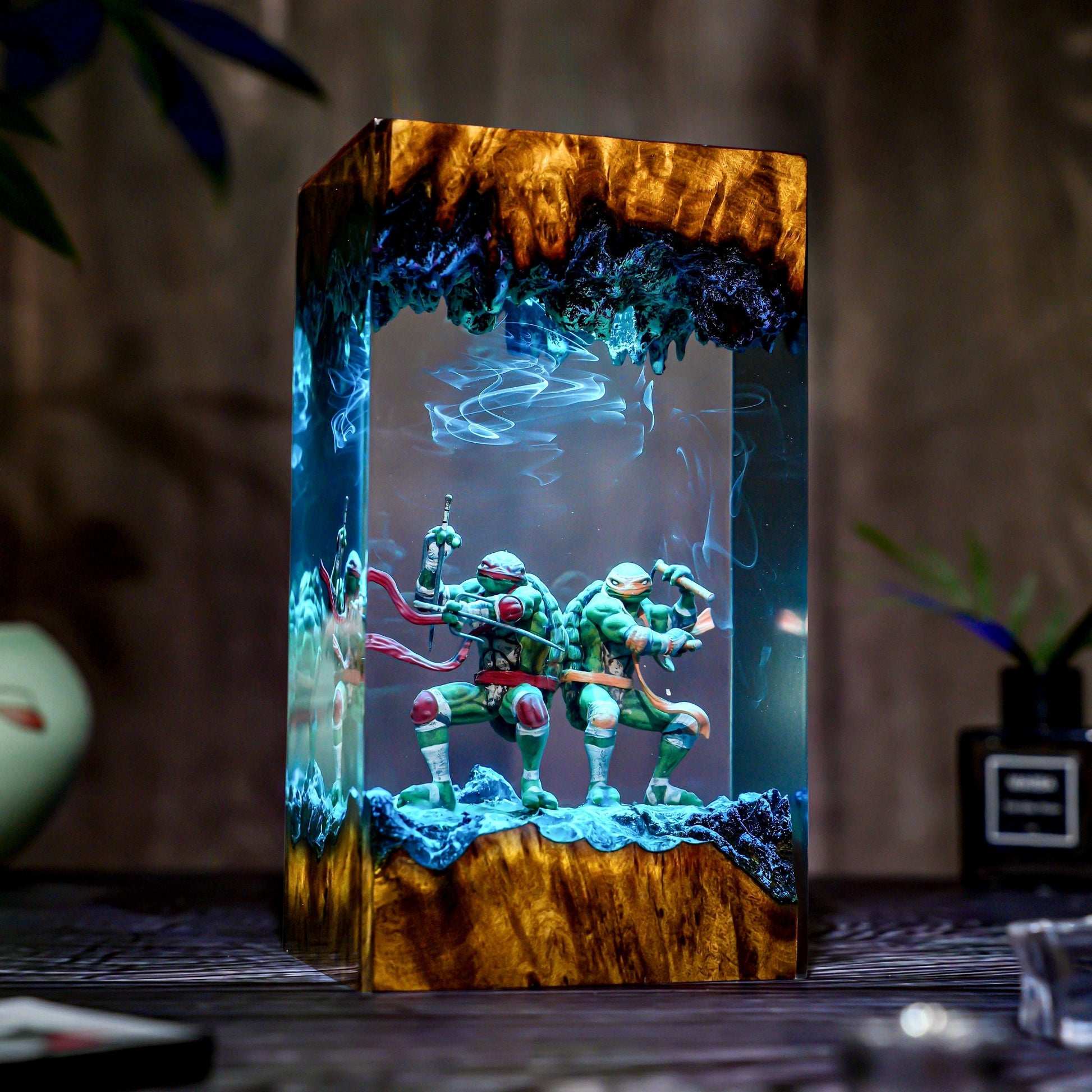 Warrior Turtle Lamp Diorama, Handmade Resin & Wood Night Light, Samurai Turtle Decor, Hero Sewer Lamp Gift, Christmas, gift for him