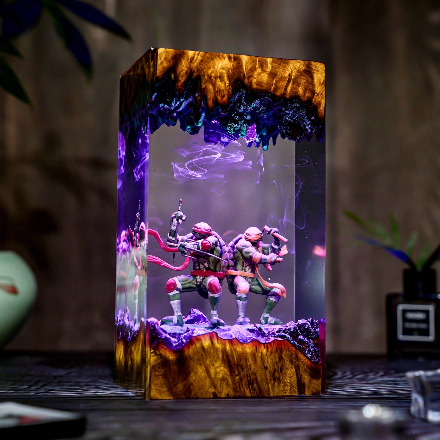 Warrior Turtle Lamp Diorama, Handmade Resin & Wood Night Light, Samurai Turtle Decor, Hero Sewer Lamp Gift, Christmas, gift for him