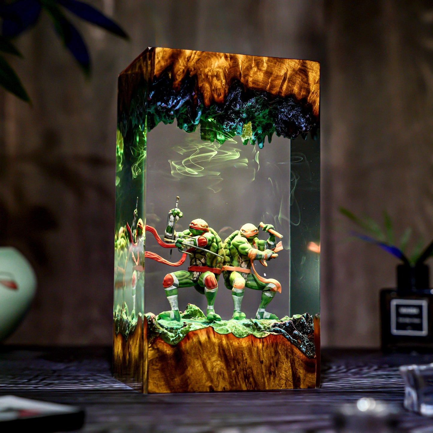 Warrior Turtle Lamp Diorama, Handmade Resin & Wood Night Light, Samurai Turtle Decor, Hero Sewer Lamp Gift, Christmas, gift for him