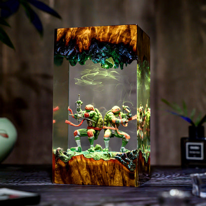 Warrior Turtle Lamp Diorama, Handmade Resin & Wood Night Light, Samurai Turtle Decor, Hero Sewer Lamp Gift, Christmas, gift for him