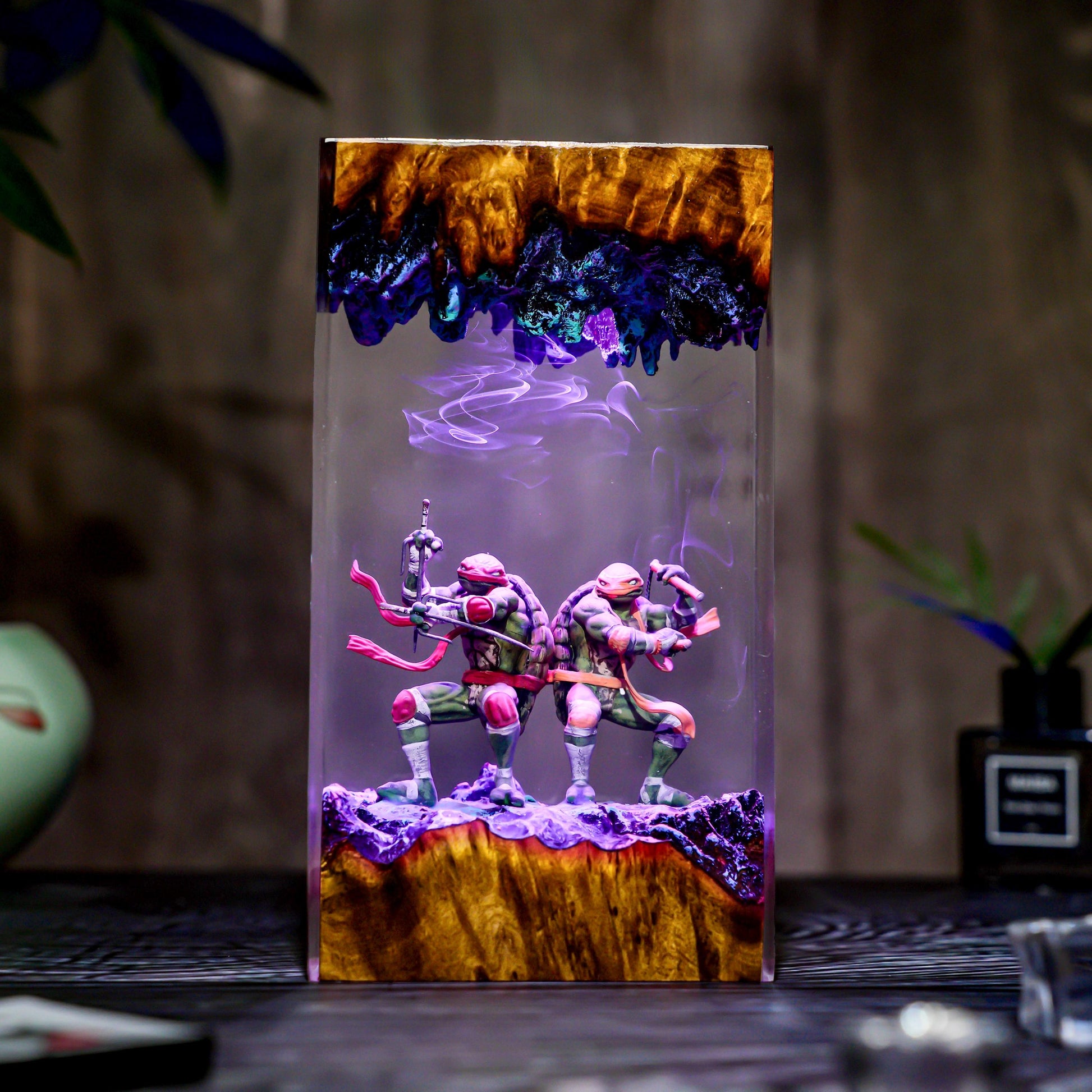 Warrior Turtle Lamp Diorama, Handmade Resin & Wood Night Light, Samurai Turtle Decor, Hero Sewer Lamp Gift, Christmas, gift for him