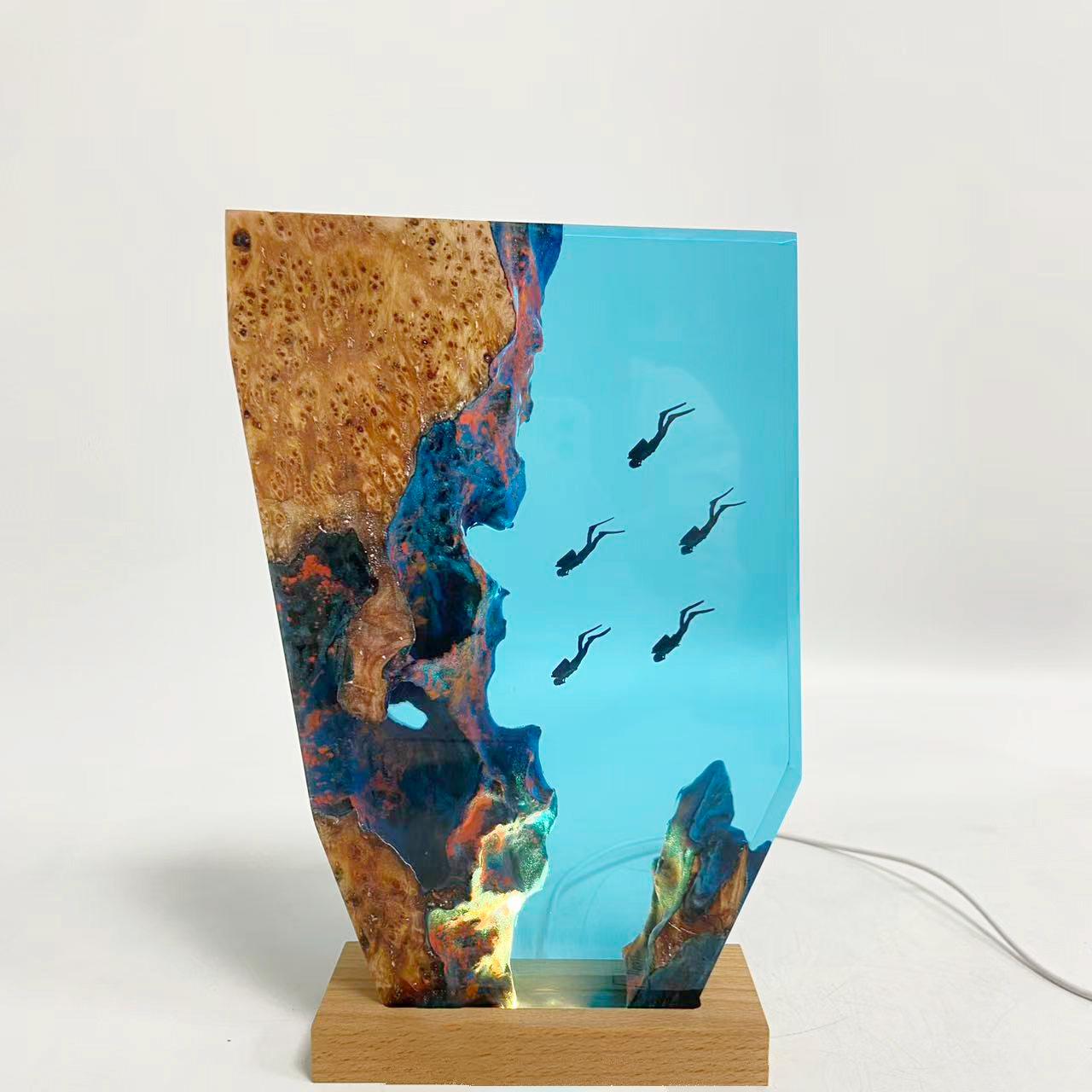 Diver's Night Light, Scuba Diving Deep Sea Exploration, Personalised Epoxy Wooden Light, Freediving, Halloween Gift, Christmas Gift