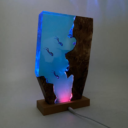 Personalized Diver Night Light, Epoxy Wooden Deep Sea Lamp, Personalised Epoxy Wooden Light, Freediving, Halloween Gift, Christmas Gift