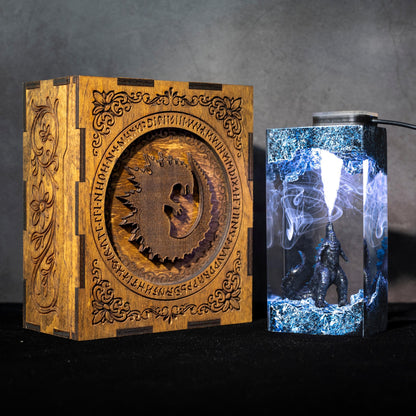 Handmade Beast Diorama Lamp – Epoxy Resin Night Light,  godzilla resin lamp, godzilla gift wooden box