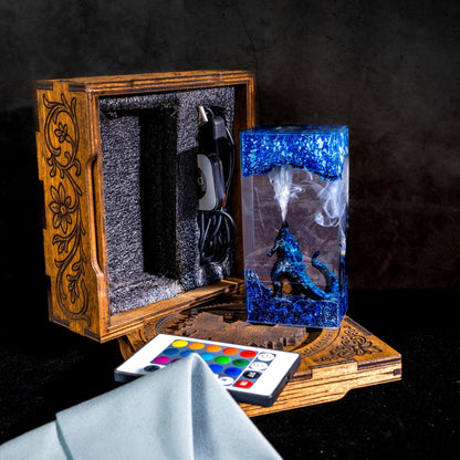 Handmade Beast Diorama Lamp – Epoxy Resin Night Light,  godzilla resin lamp, godzilla gift wooden box