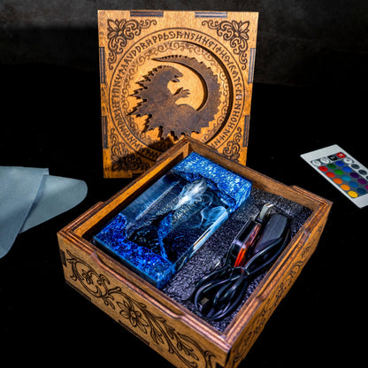 Handmade Beast Diorama Lamp – Epoxy Resin Night Light,  godzilla resin lamp, godzilla gift wooden box