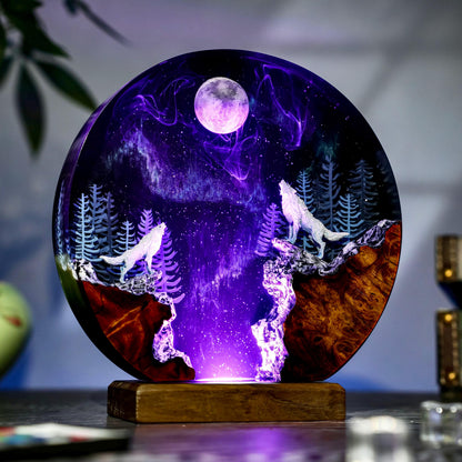 Handmade Aurora Wolf Moon Lamp, Howling Wolf Northern Lights, Unique Handmade Gift for Room Decor, Resin Night light gift