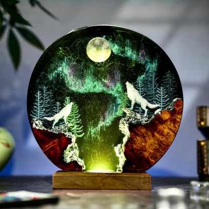 Handmade Aurora Wolf Moon Lamp, Howling Wolf Northern Lights, Unique Handmade Gift for Room Decor, Resin Night light gift