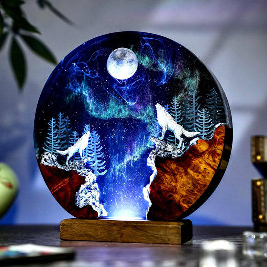 Handmade Aurora Wolf Moon Lamp, Howling Wolf Northern Lights, Unique Handmade Gift for Room Decor, Resin Night light gift