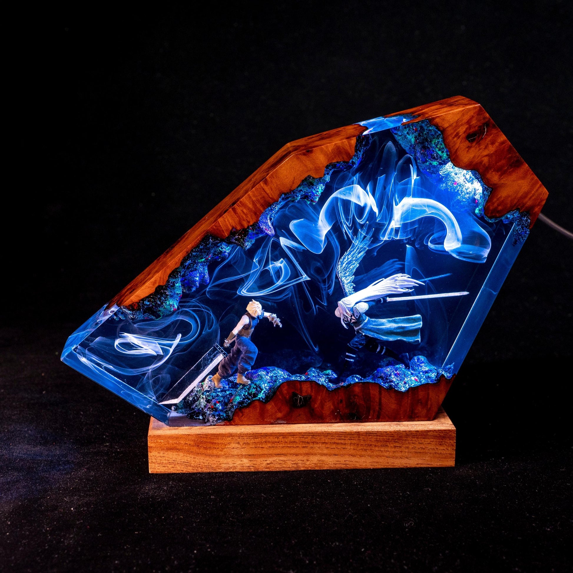Custom Sephiroth and Cloud Resin Night Light, Epoxy Wood Night Lamp,  FF7 Collector Gift