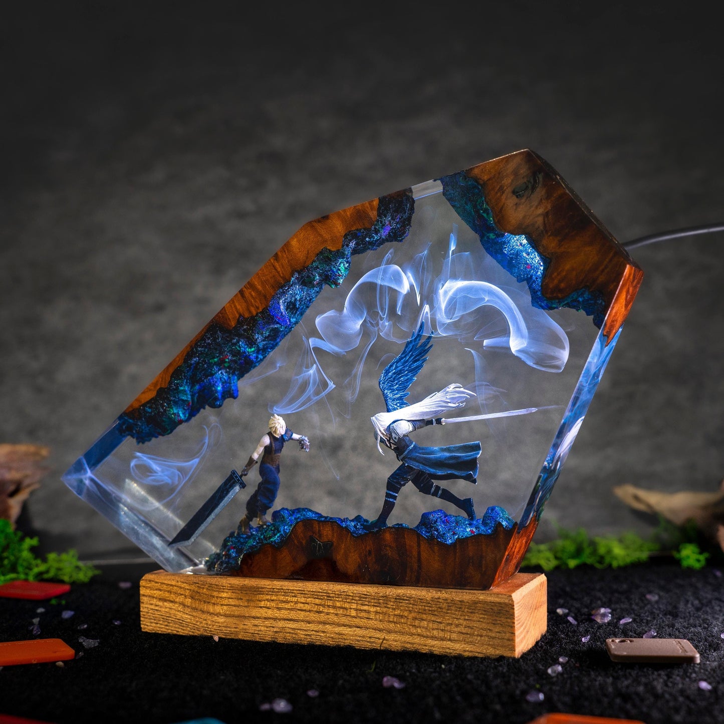 Custom Sephiroth and Cloud Resin Night Light, Epoxy Wood Night Lamp,  FF7 Collector Gift