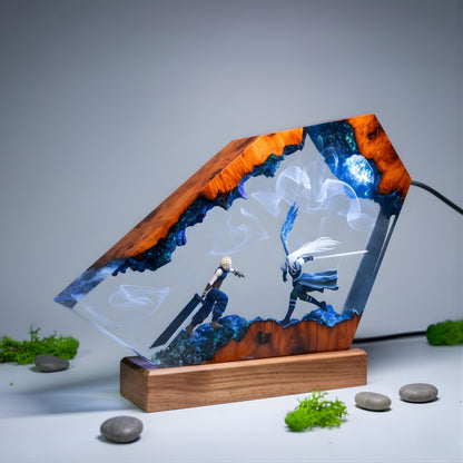 Custom Sephiroth and Cloud Resin Night Light, Epoxy Wood Night Lamp,  FF7 Collector Gift