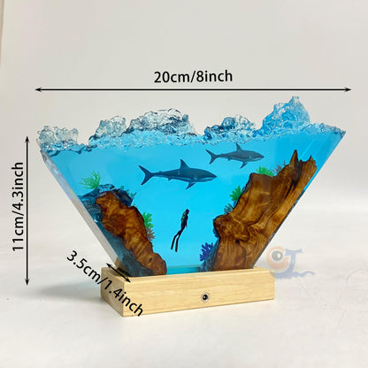 Ocean Shark Diver Epoxy Resin Night Light, Crystal Wave Underwater Scene Lamp, Halloween Gifts, Christmas Gifts, Best Friend Gifts