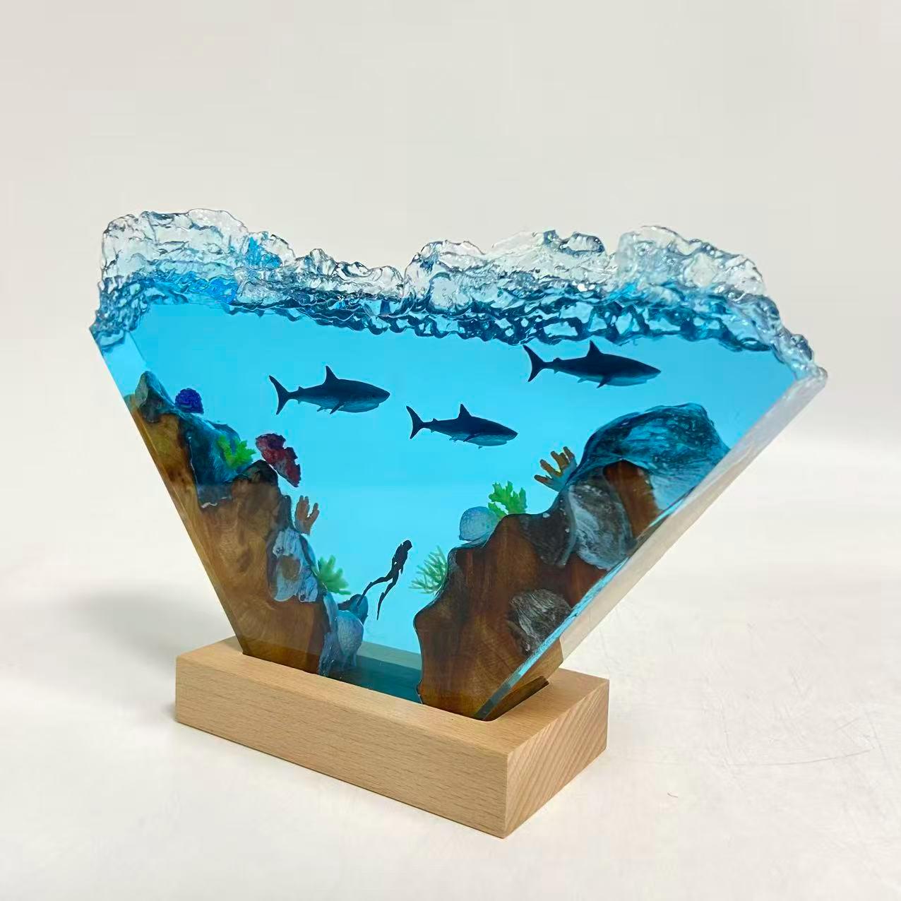 Ocean Shark Diver Epoxy Resin Night Light, Crystal Wave Underwater Scene Lamp, Halloween Gifts, Christmas Gifts, Best Friend Gifts
