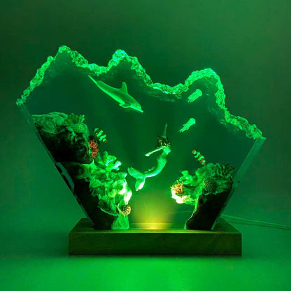 Handmade Mermaid Resin Lamp, Tropical Fish Scene, Wooden LED Lamp Base, Perfect Gift For Friends, Gift For Mom, Halloween Gift